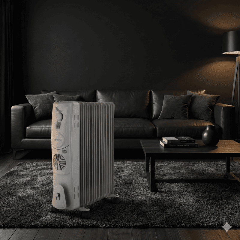 "Portable Usha 4213 F room heater placed on a wooden floor in a winter bedroom setting."