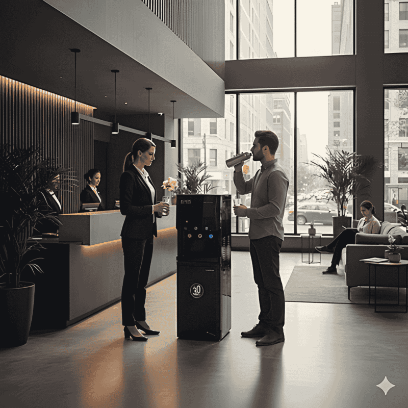 Full-length shot of the Atlantis Blaque floor standing water cooler on a hardwood floor.