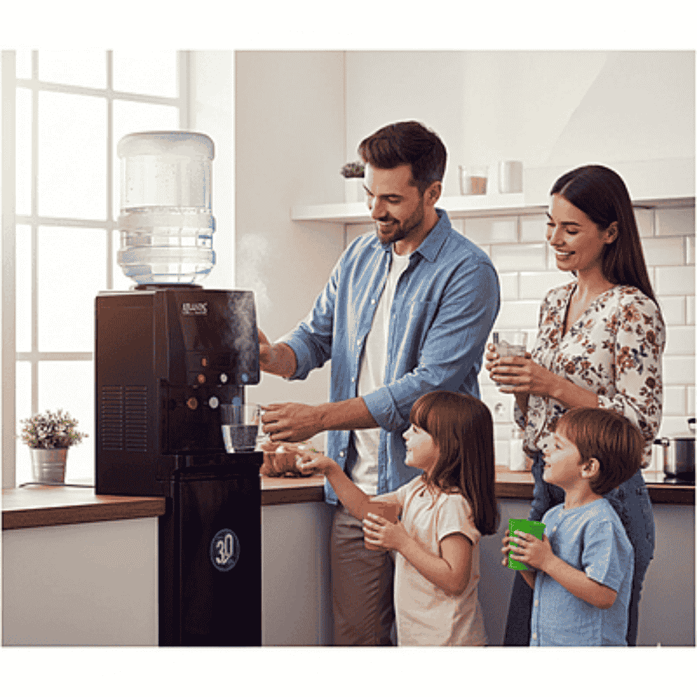 Elegant Atlantis Blaque water dispenser featuring a high-gloss black exterior and LED indicators.