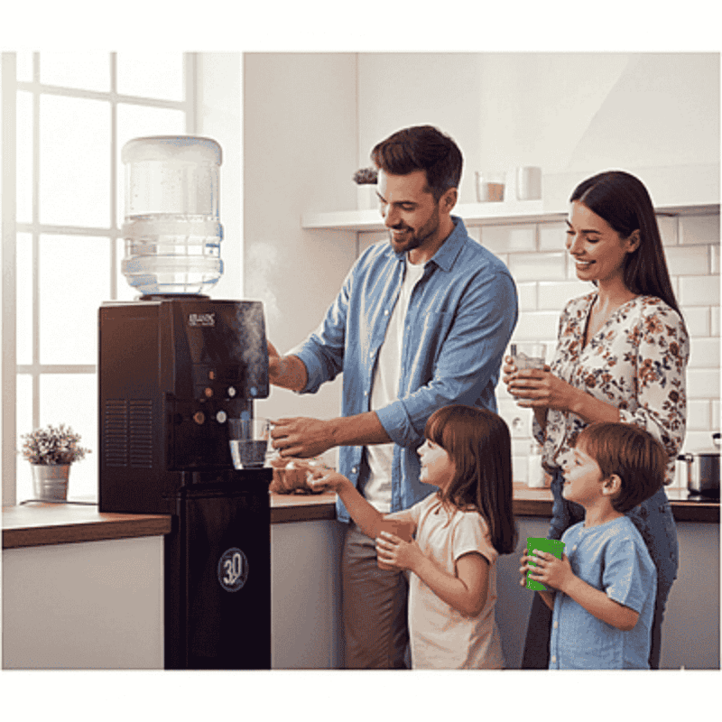 Elegant Atlantis Blaque water dispenser featuring a high-gloss black exterior and LED indicators.