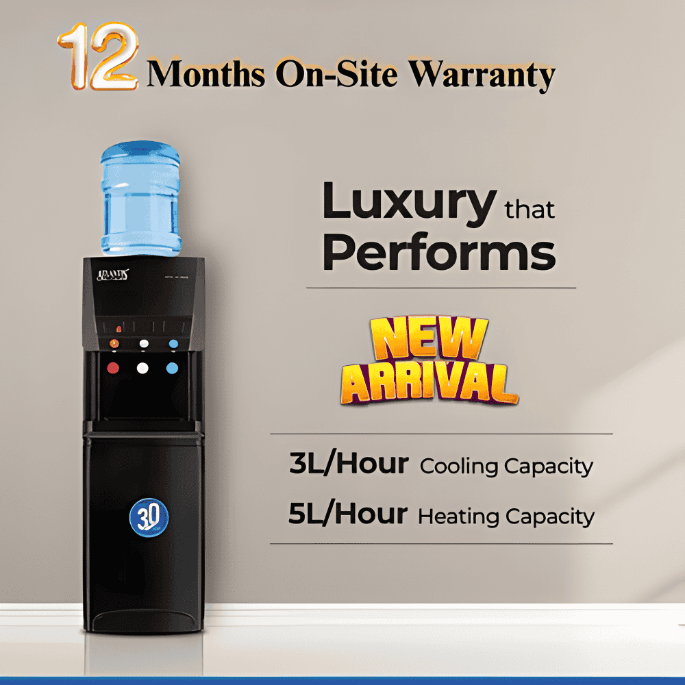 Modern Atlantis Blaque water cooler with silver accents and a drip tray for spill prevention.