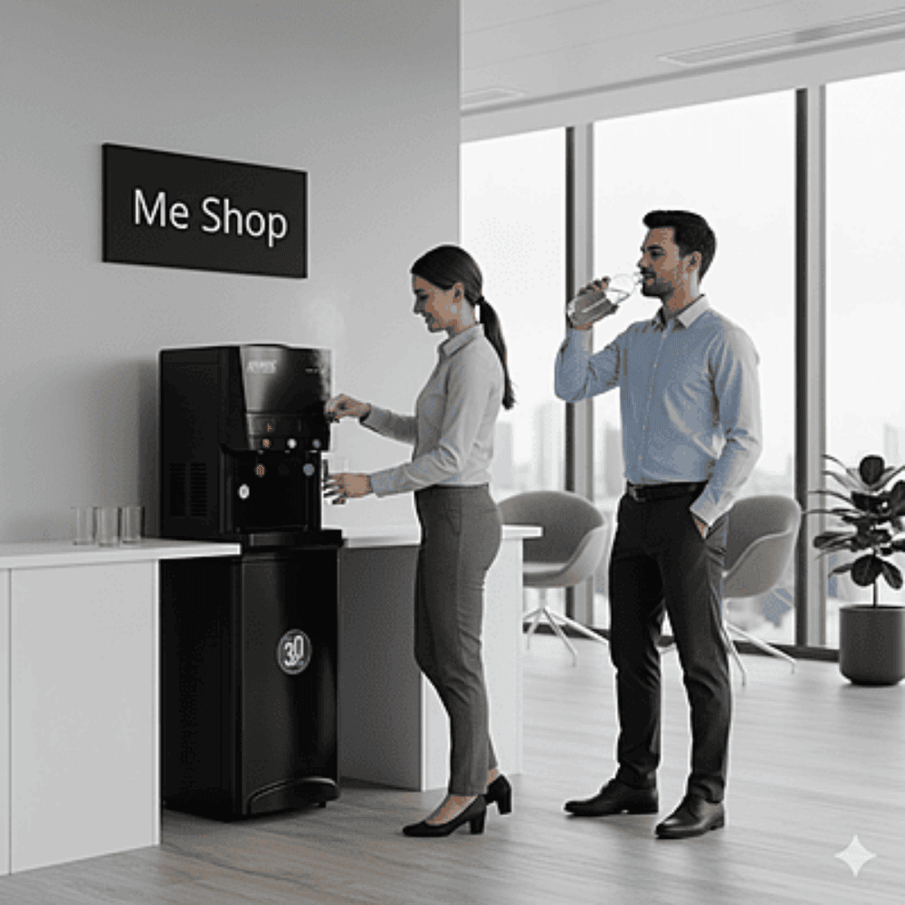 Durable Atlantis Blaque floor standing water cooler with an ergonomic height for easy pouring.