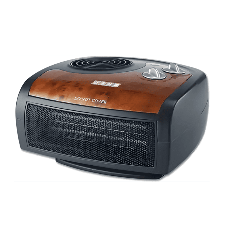 Compact Usha FH 1212 room heater with an adjustable thermostat and carry handle.