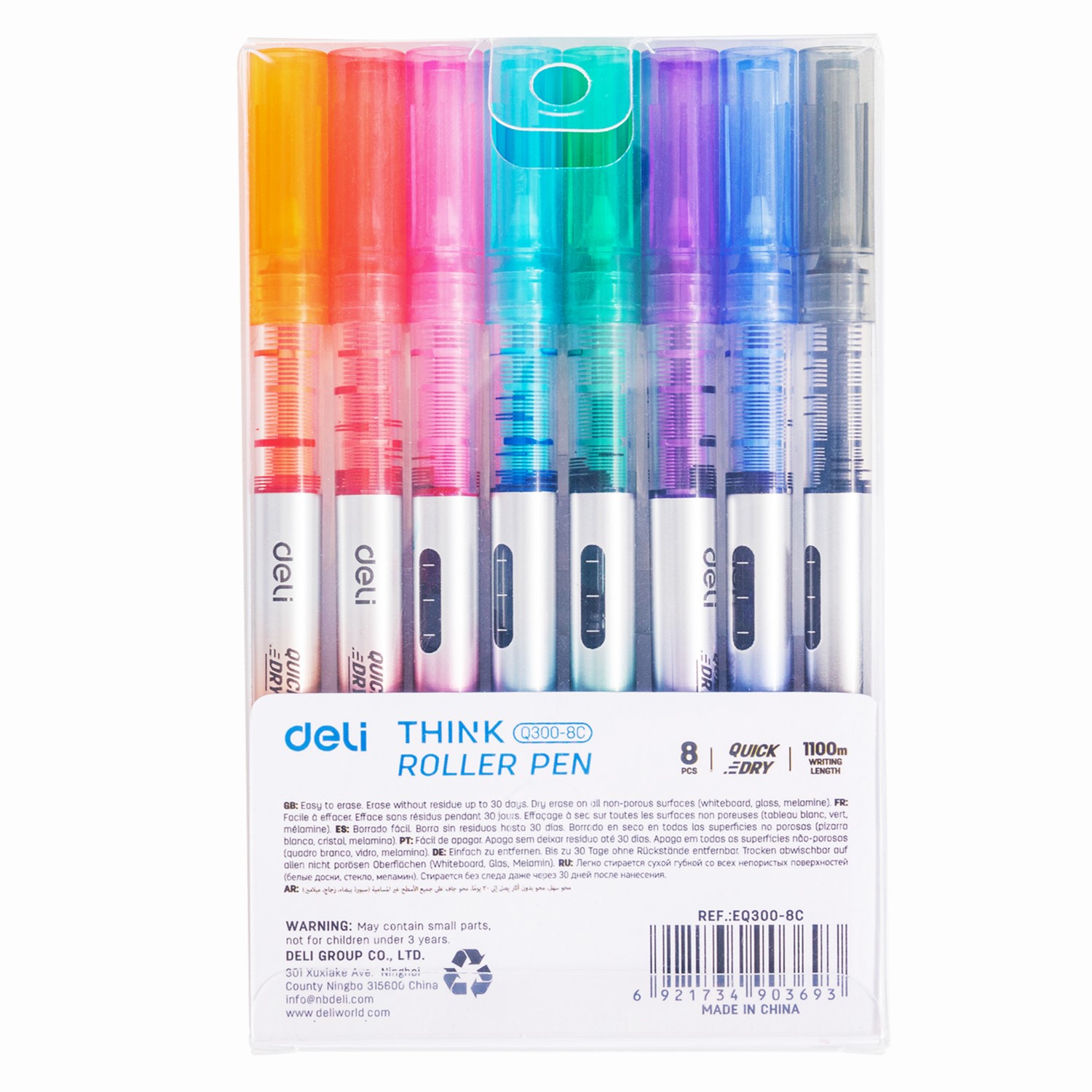 DELI Q300-8C THINK ROLLER PEN F/TIP 0.5MM ASST 8/SET
