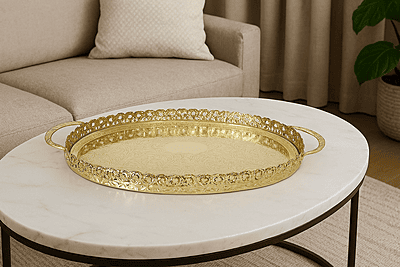 Oval Gallery Tray/Handles 1 1/2"h x 10"w x 17 3/4"l   English Silver Plate Tarnish Resistant ROYAL (Gold Finish). SKU #: Q4/6332.