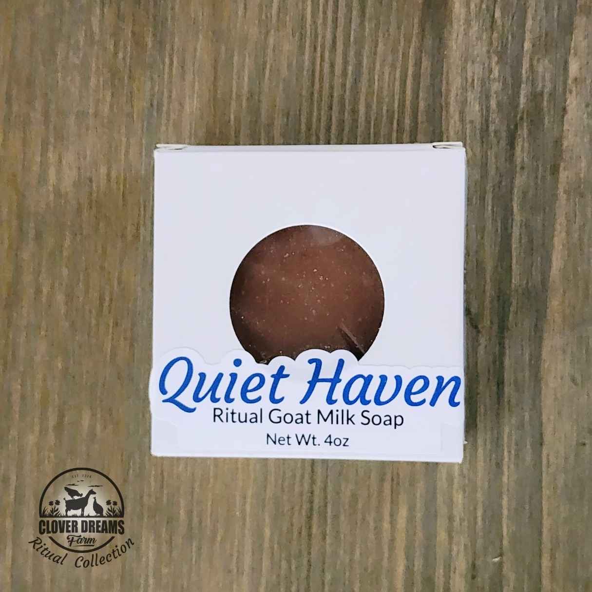 Quiet Haven Ritual Goat Milk Soap Bar in its white window box