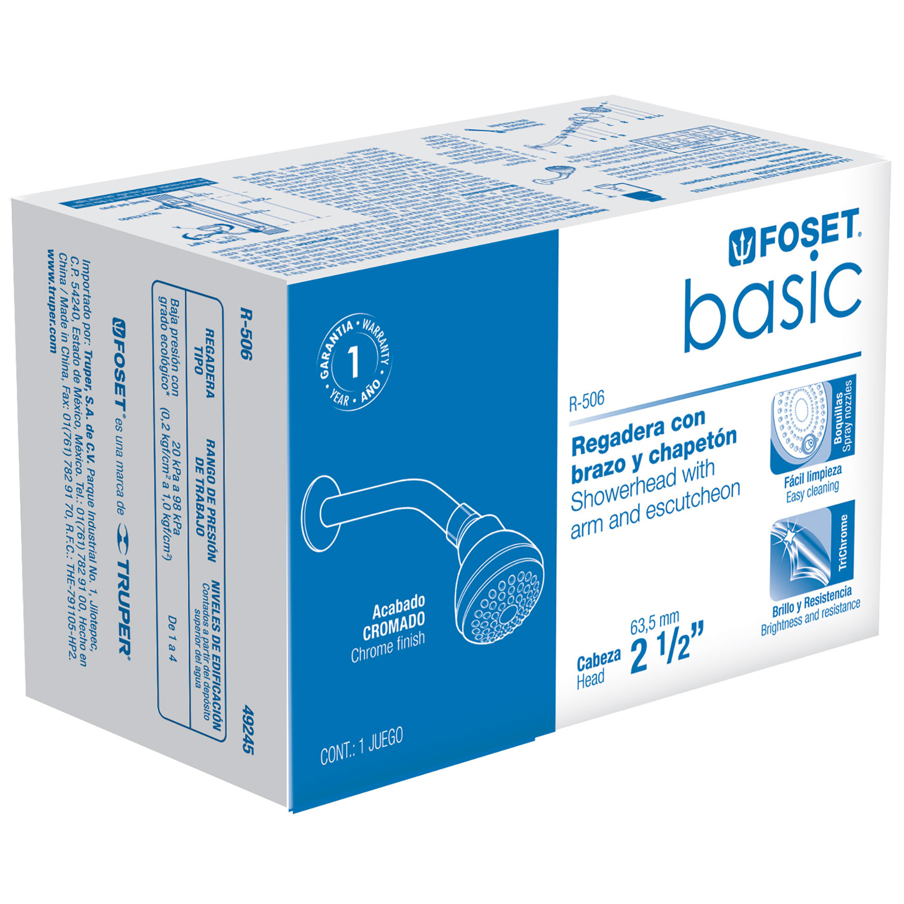 Regadera redonda, cabeza ABS, 2-1/2', Basic - R-506 / 49245