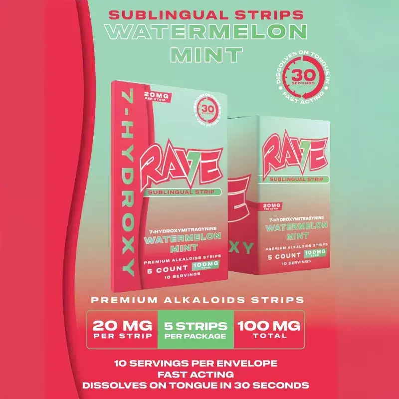RAVE 7-HYDROXY SUBLINGUAL STRIP WATERMELON MINT 5CT | 100MG TOTAL | 10 SERVINGS