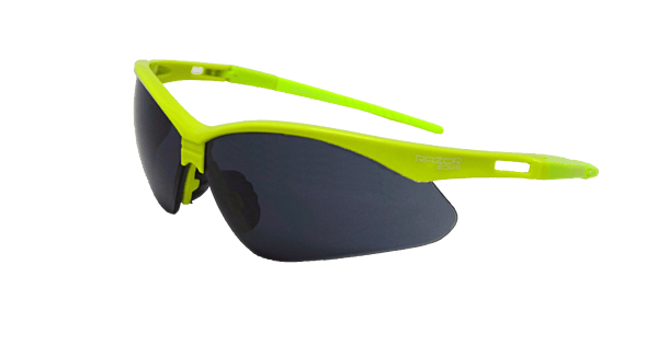 Razor edge ,black smoke lens,anti-scratch,rubber temples, Hi-Vis Green