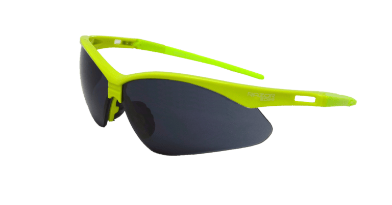 Razor edge ,black smoke lens,anti-scratch,rubber temples, Hi-Vis Green