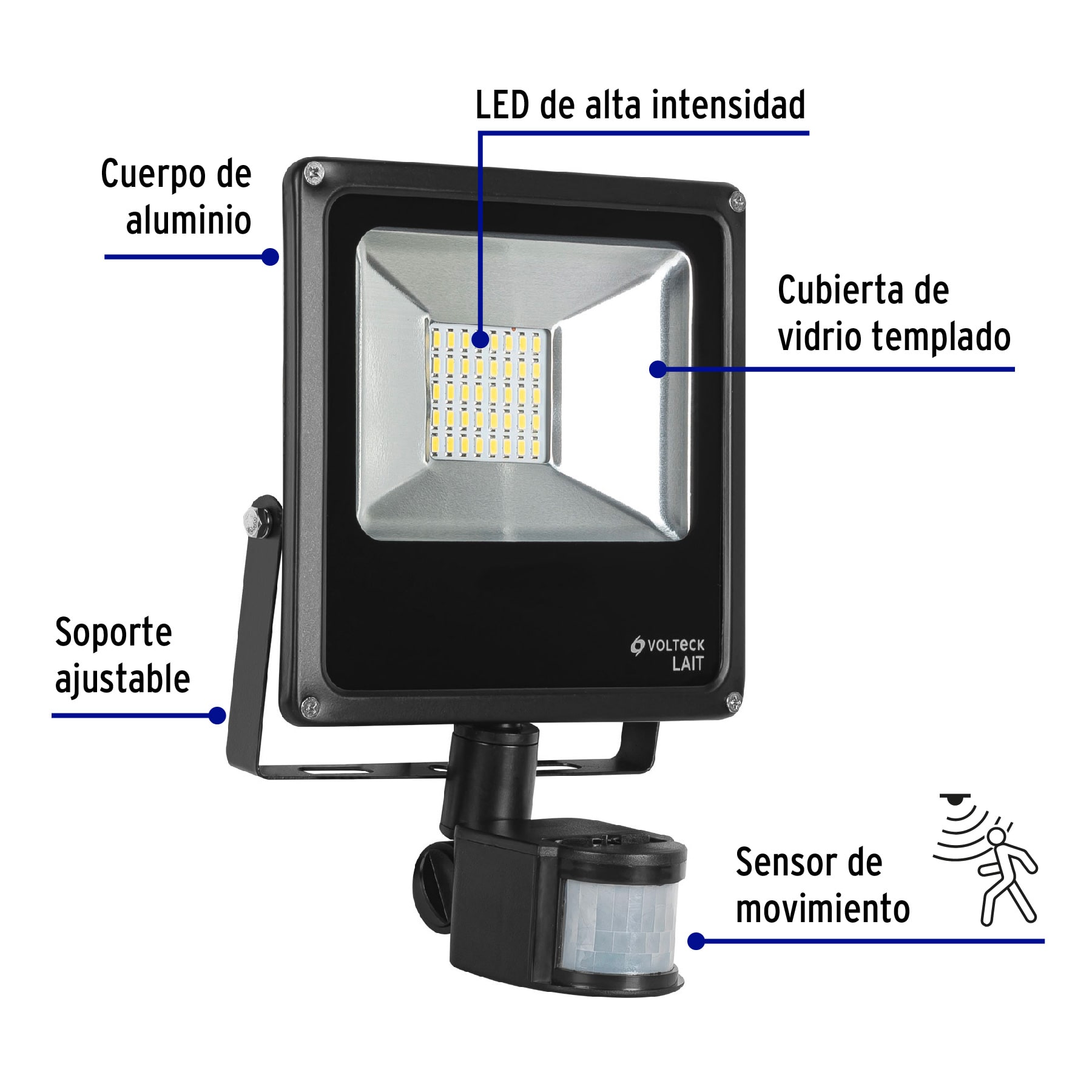 Reflector LED para exteriores 20W 6500K con sensor, VOLTECK - 48229 - REF-901L - Caja con 2 Pieza – Master 4
