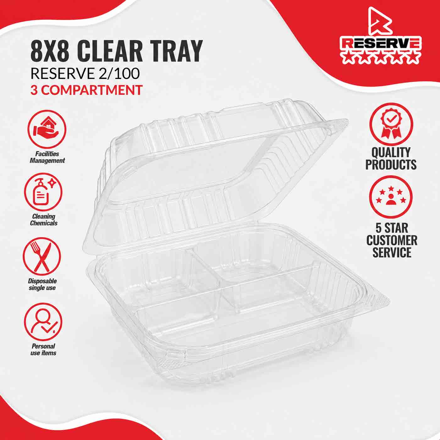 RESERVE 8x8x3 CLEAR TRAY 3C 2/100
