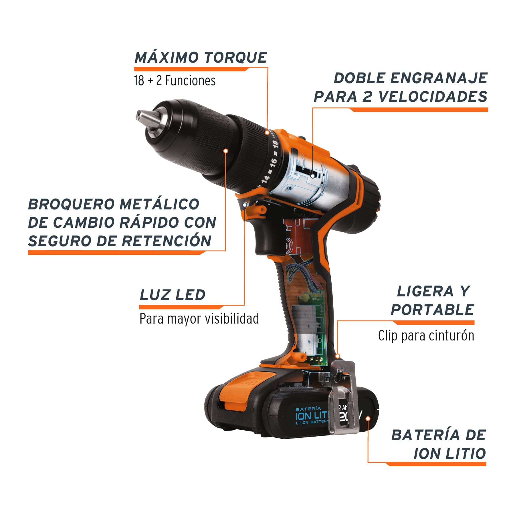 Rotomartillo inalámbrico, batería ion litio, 18 V, 1/2' - ROTI-18A2 / 18155