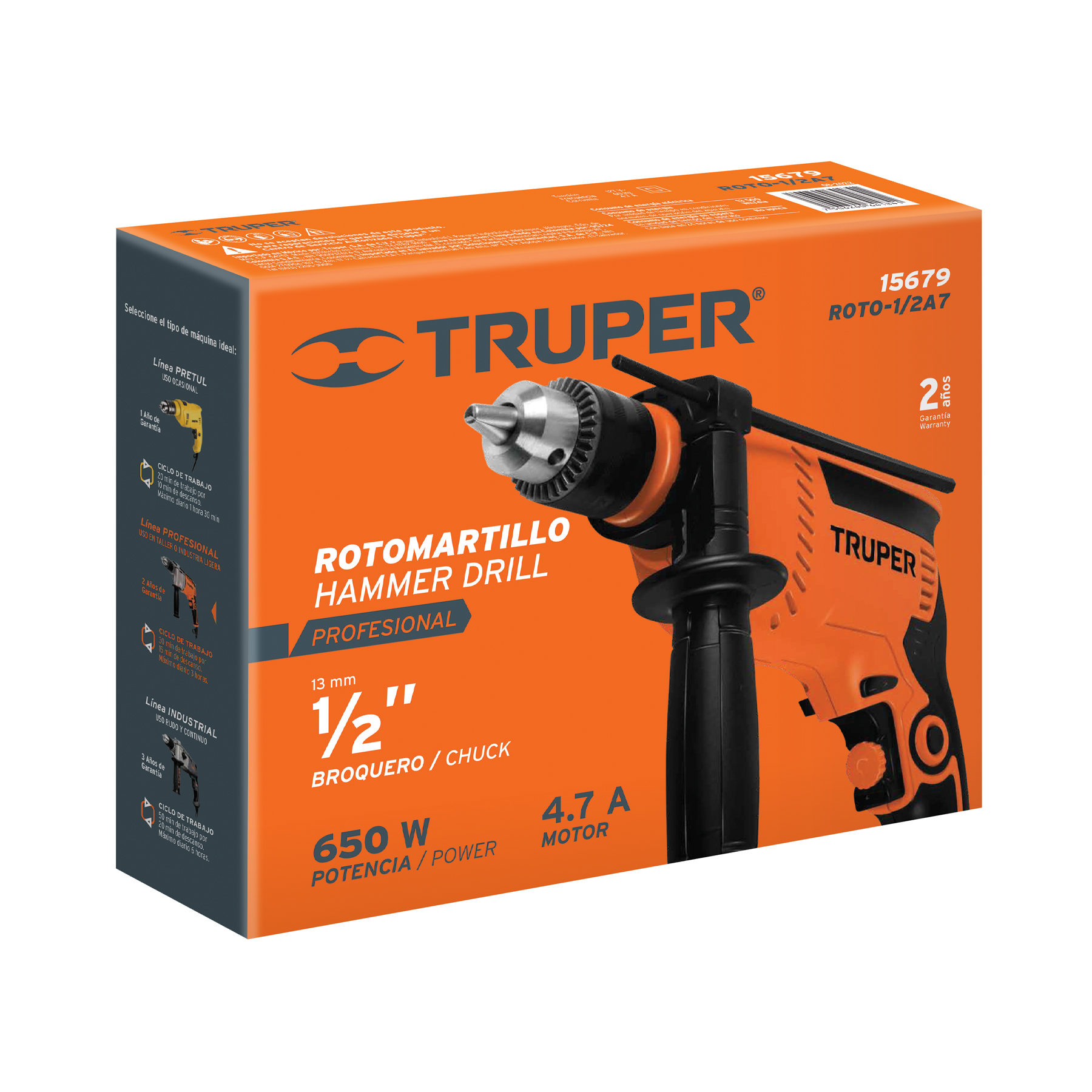 Rotomartillo 1/2' 650 W, profesional, Truper - ROTO-1/2A7 / 15679