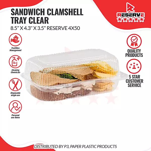 Reserve SANDWICH CLAMSHELL TRAY CLEAR 8.5X4.3X3.5in 4/50