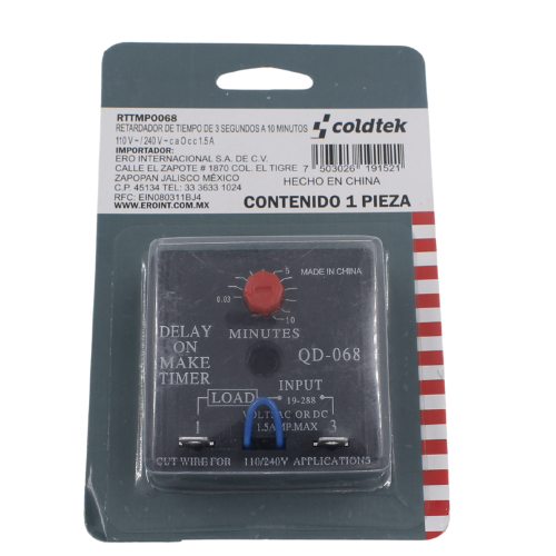 Retardador de Tiempo para Refrigerador Tiempo de Retraso 2seg a 10 min Amperes 18 Voltaje 110/120 Voltaje CA o CD 1.5 Modelo QD-068 RTTMPO068 ERO