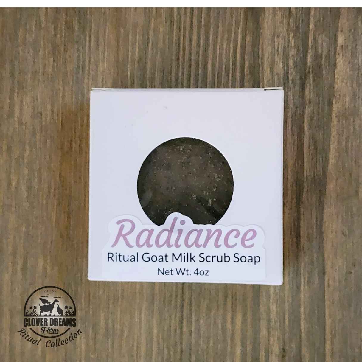 Radiance Ritual Goat Milk Scrub Soap Bar in its white window box