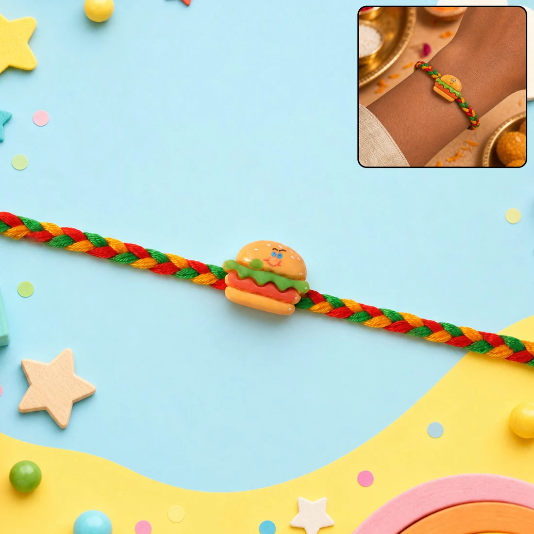 Cute Burger Charm Rakhi for Brother – Fun Designer Kids Rakhi