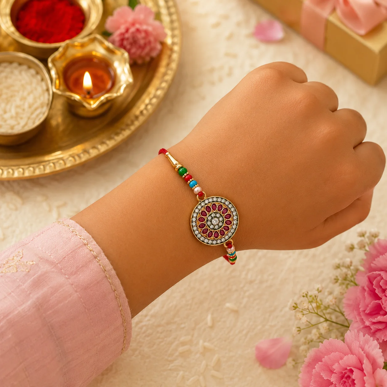 Royal Designer Kundan Rakhi for Brother | Premium Golden Beads Raksha Bandhan Rakhi