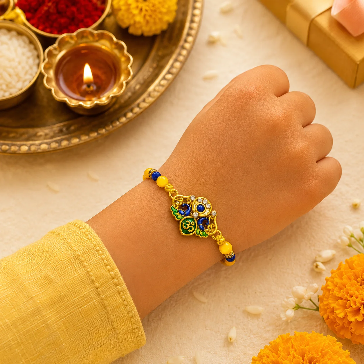 Rakhi – Traditional Colorful Beads and Yellow Thread for Brother