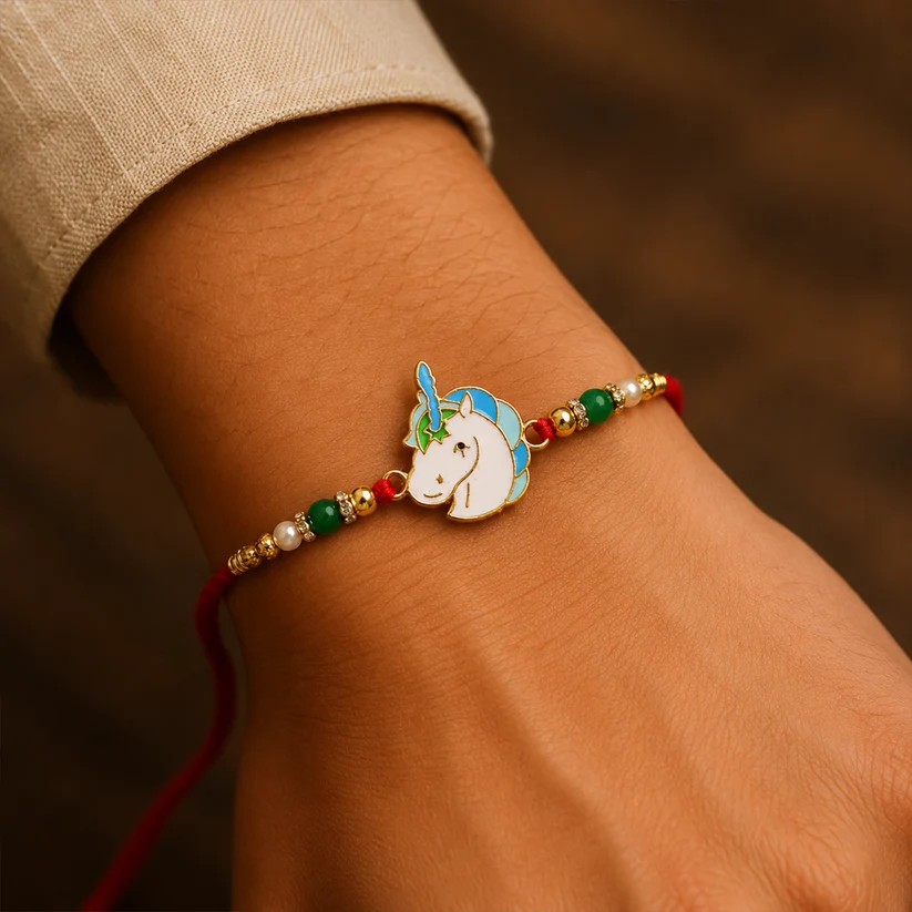 Cute Unicorn Beaded Rakhi for Brother – Designer Kids Rakhi with Roli & Akshat