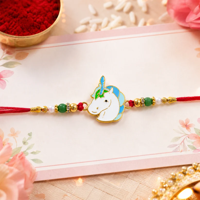 Cute Unicorn Beaded Rakhi for Brother – Designer Kids Rakhi with Roli & Akshat