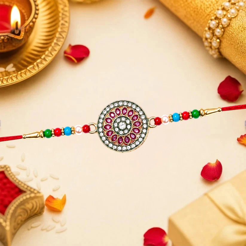 Royal Designer Kundan Rakhi for Brother | Premium Golden Beads Raksha Bandhan Rakhi