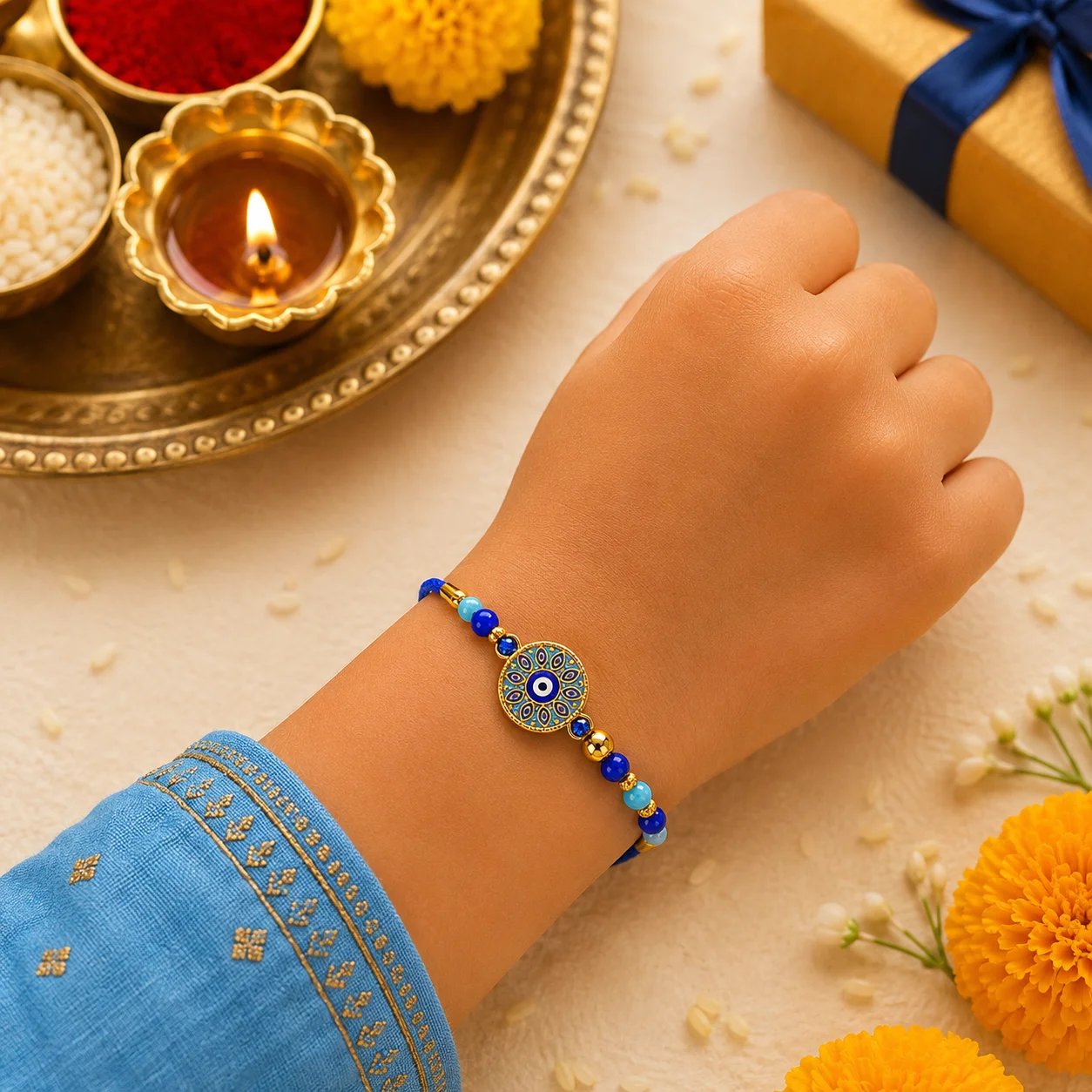 Evil Eye Mandala Rakhi for Brother | Designer Protective Beaded Rakhi for Raksha Bandhan