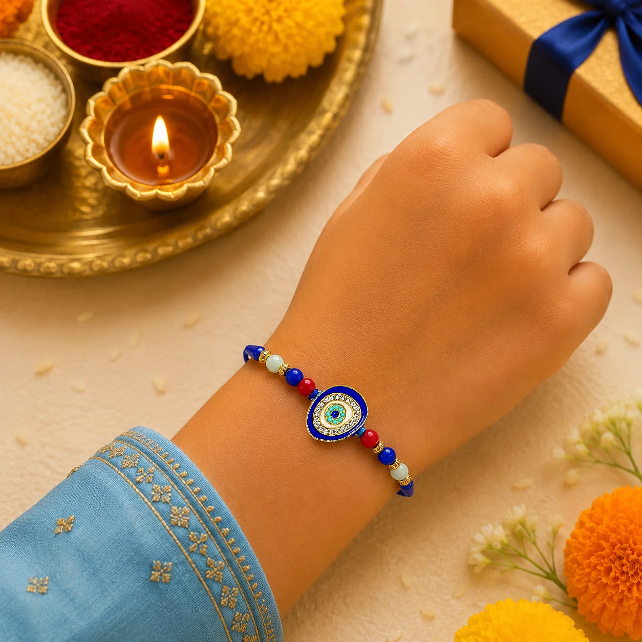 Evil Eye Kundan Diamond Rakhi for Brother | Designer Beaded Raksha Bandhan Rakhi