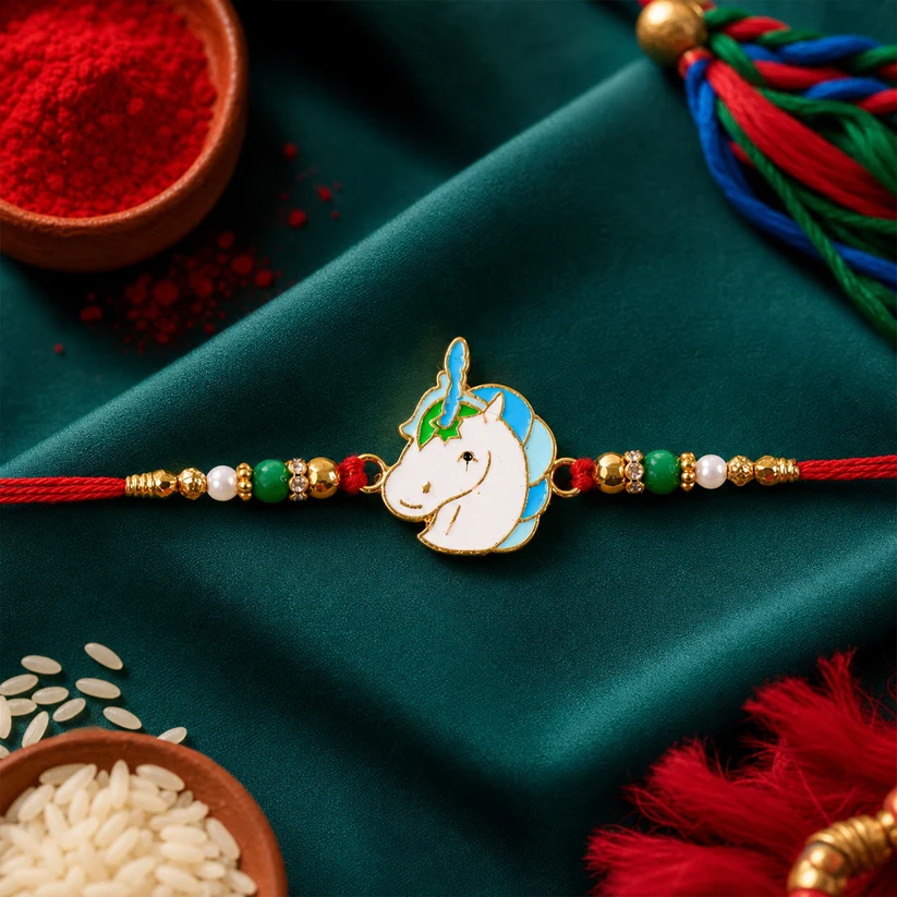 Cute Unicorn Beaded Rakhi for Brother – Designer Kids Rakhi with Roli & Akshat