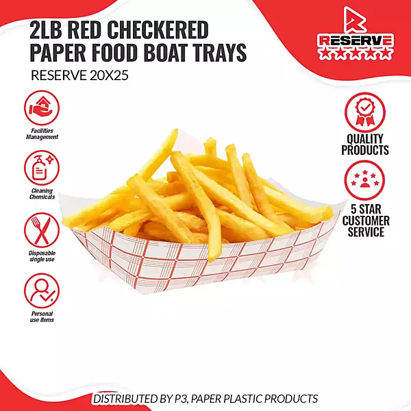 Reserve Paper Food Boat Trays 2lb Red Checkered 20/25