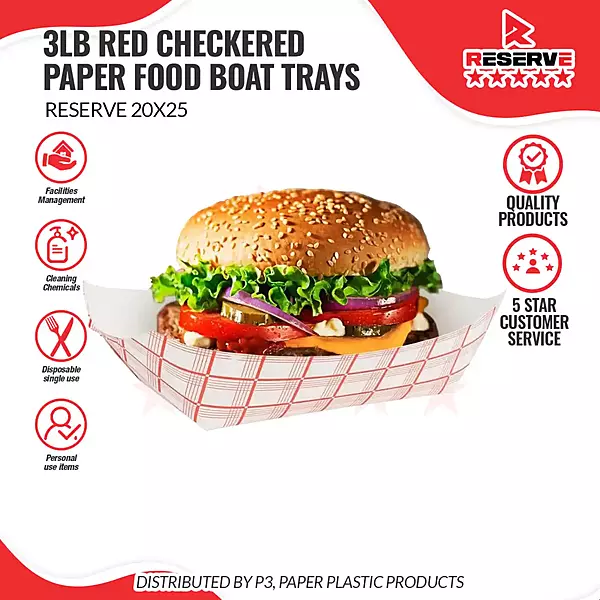 Reserve Paper Food Boat Trays 3lb Red Checkered 20/25