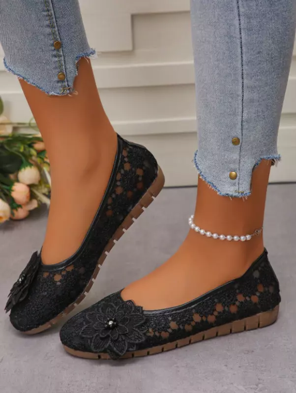 Rhinestone Floral Decor Slip-On Shoes NEW