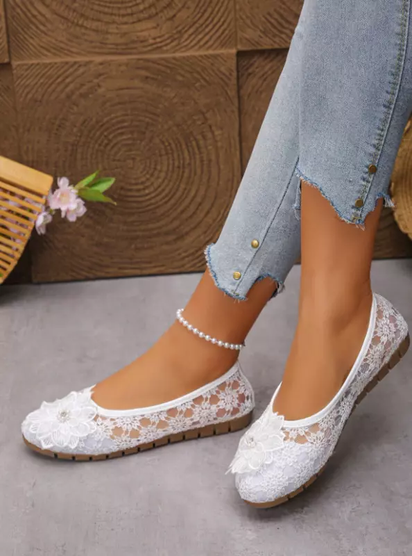 Rhinestone Floral Decor Slip-On Shoes NEW