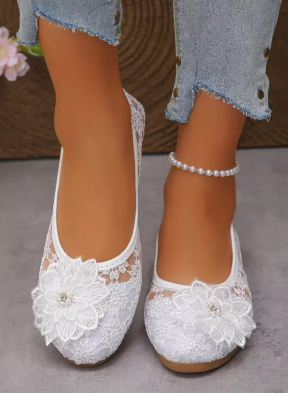 Rhinestone Floral Decor Slip-On Shoes NEW