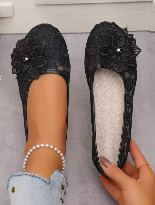 Rhinestone Floral Decor Slip-On Shoes NEW