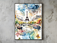 Eiffel Tower Watercolor Print: River Seine Paris Cityscape (Digital Download)