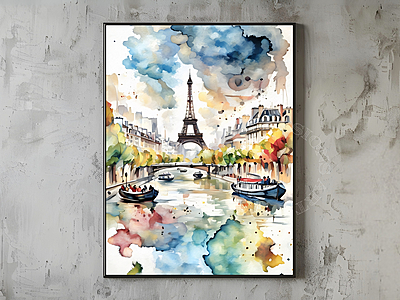 Eiffel Tower Watercolor Print: River Seine Paris Cityscape (Digital Download) Eiffel Tower Watercolor Print: River Seine Paris Cityscape (Digital Download)