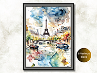 Eiffel Tower Watercolor Print: River Seine Paris Cityscape (Digital Download)