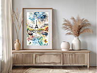 Eiffel Tower Watercolor Print: River Seine Paris Cityscape (Digital Download)
