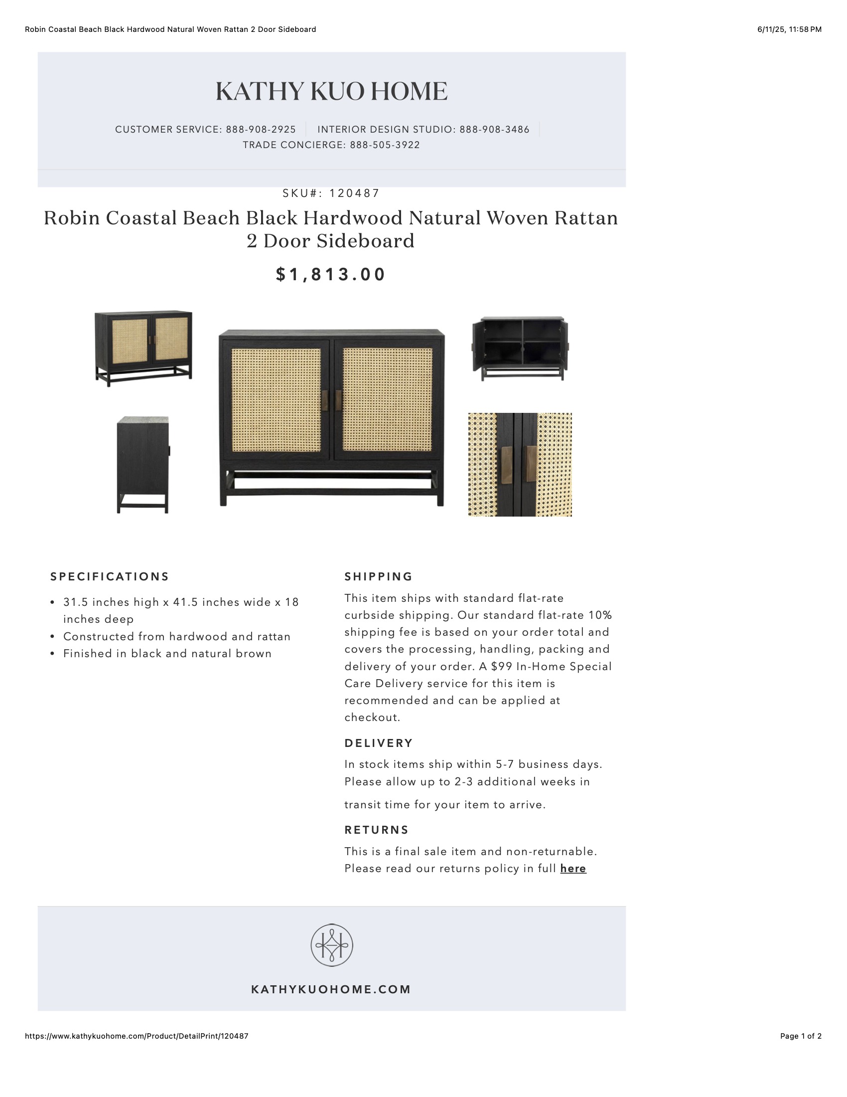 Robin Coastal Beach Black Hardwood Natural Woven Rattan 2 Door Sideboard