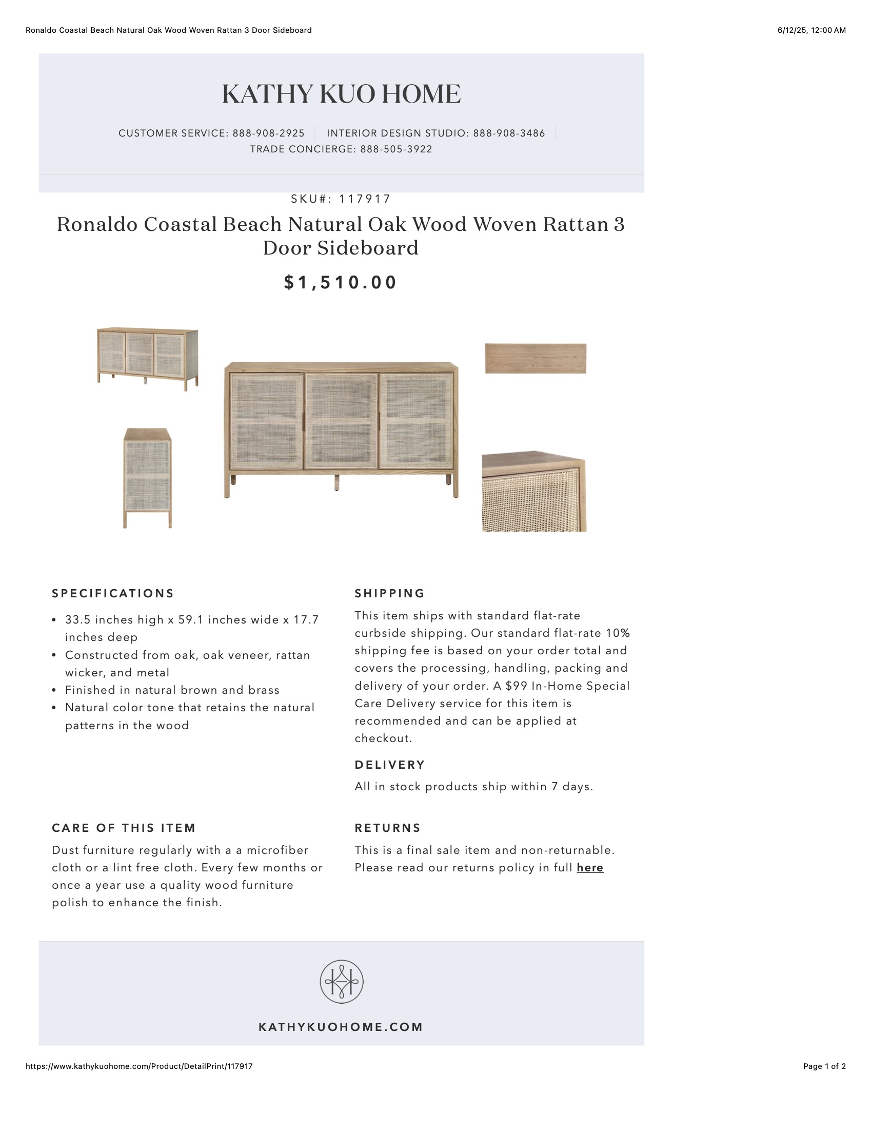 Ronaldo Coastal Beach Natural Oak Wood Woven Rattan 3 Door Sideboard