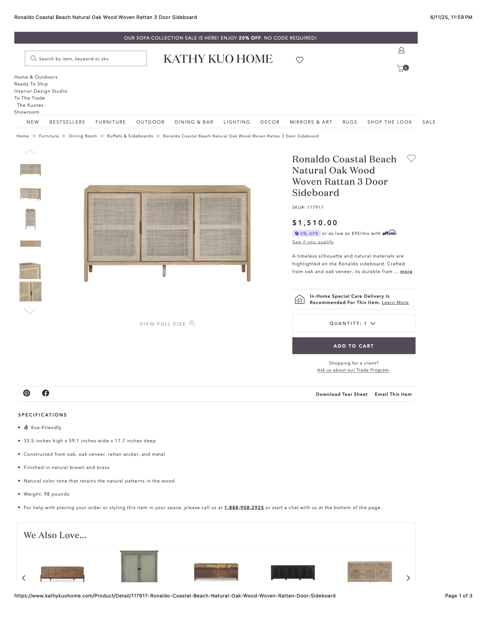 Ronaldo Coastal Beach Natural Oak Wood Woven Rattan 3 Door Sideboard