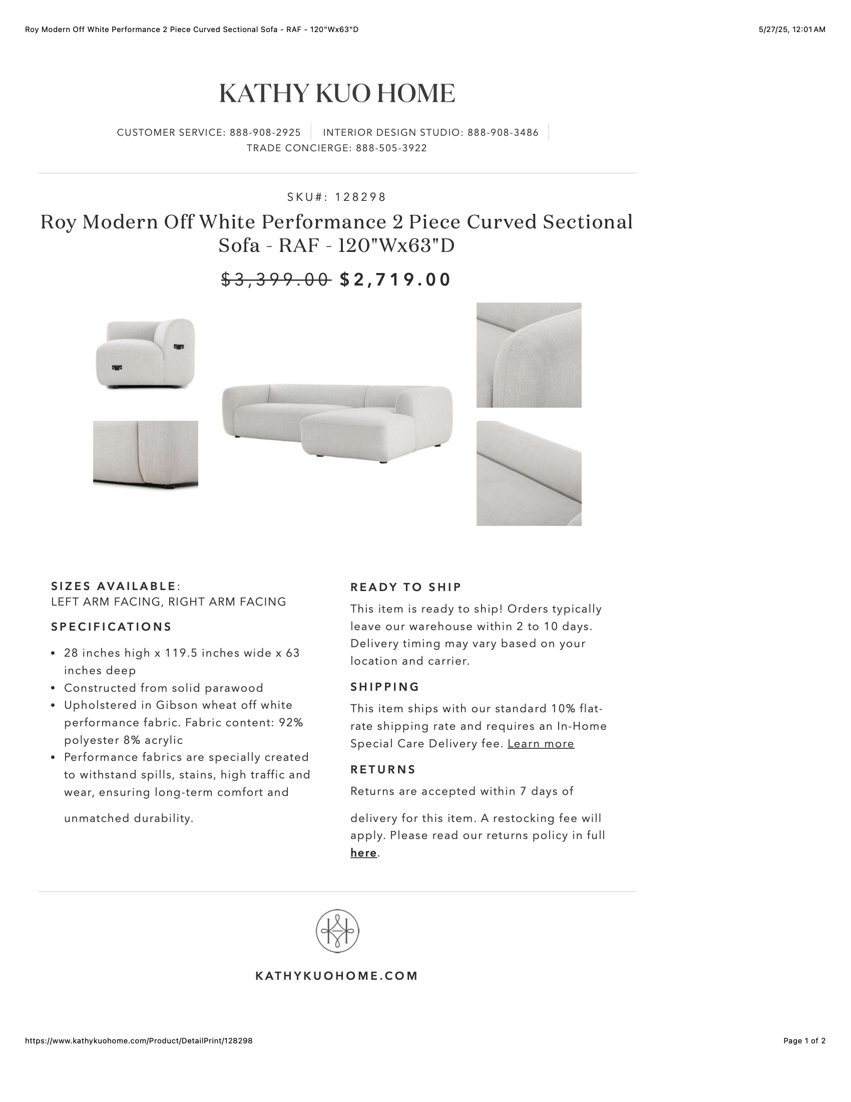 Roy Modern Off White Performance 2 Piece Curved Sectional Sofa - RAF - 120"Wx63"D