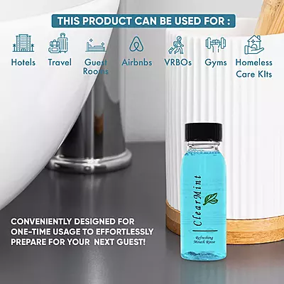Enjuague Bucal ClearMint, Botella de 1 oz Tamaño de Viaje/Hospitalidad - 144 Piezas/Caja