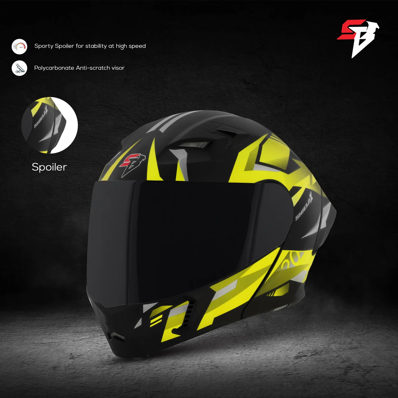 STEELBIRD SBA-20 ISS SHIELD X GLOSSY BLACK/NEON C/V 600 MM WITH EXTRA SMOKE VISOR