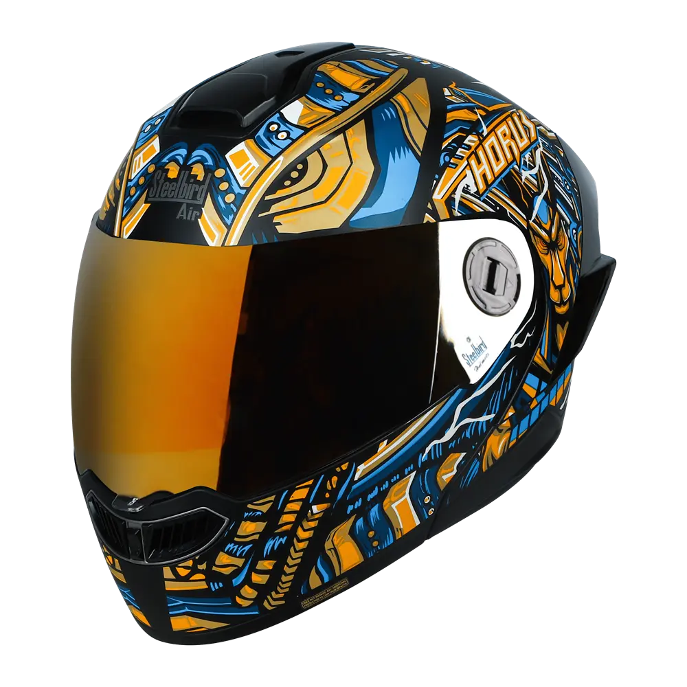STEELBIRD SBA-8 ISS HORUS MATT BLACK/GOLD C/V 580 MM WITH EXTRA SMOKE VISOR, BLACK SPOILER