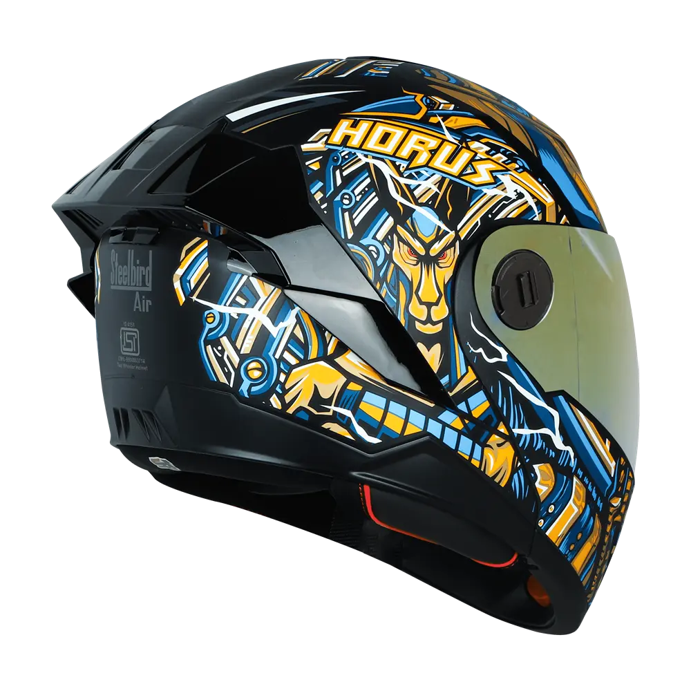 STEELBIRD SBA-8 ISS HORUS MATT BLACK/GOLD C/V 580 MM WITH EXTRA SMOKE VISOR, BLACK SPOILER