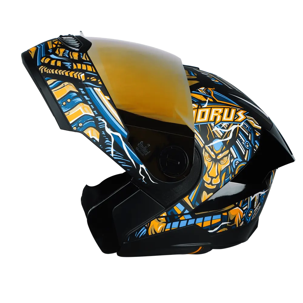 STEELBIRD SBA-8 ISS HORUS MATT BLACK/GOLD C/V 580 MM WITH EXTRA SMOKE VISOR, BLACK SPOILER