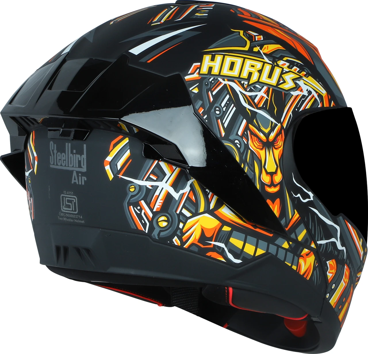 STEELBIRD SBA-8 ISS HORUS MATT BLACK/ORANGE C/V 600 MM WITH EXTRA SMOKE VISOR, BLACK SPOILER
